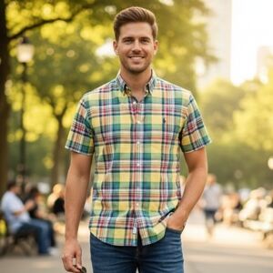 Ralph Lauren Plaid sz XL, mens Yellow/Green button front officecore church shirt